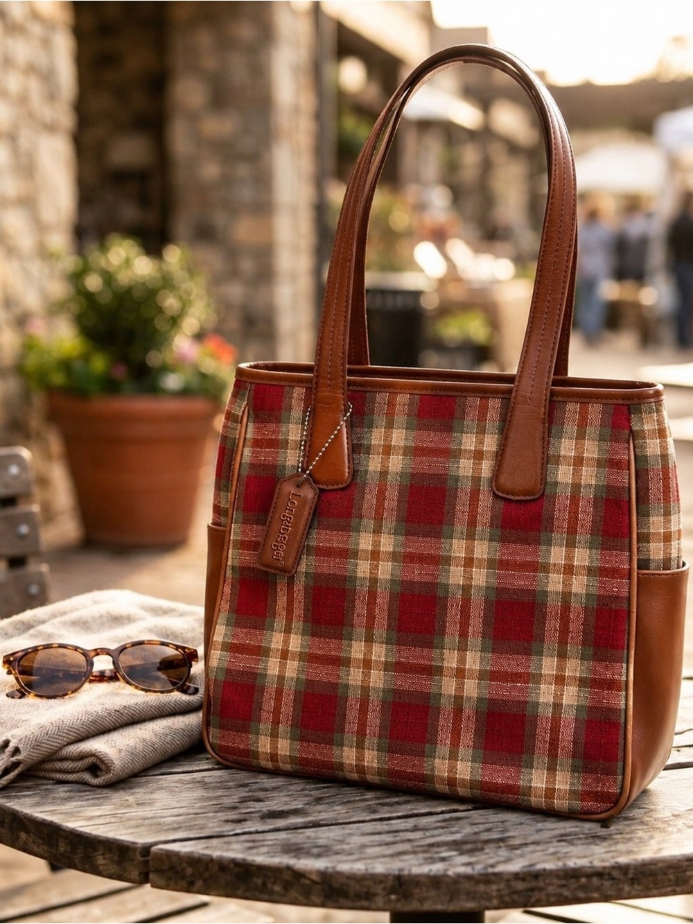 Longaberger Red Plaid Canvas Tote with Brown Leather Trim